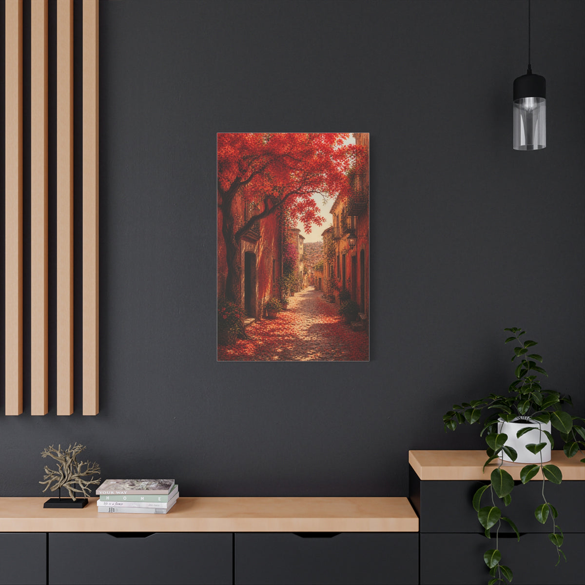Autumn Red Blossom Street Scene Wall Art & Canvas Print
