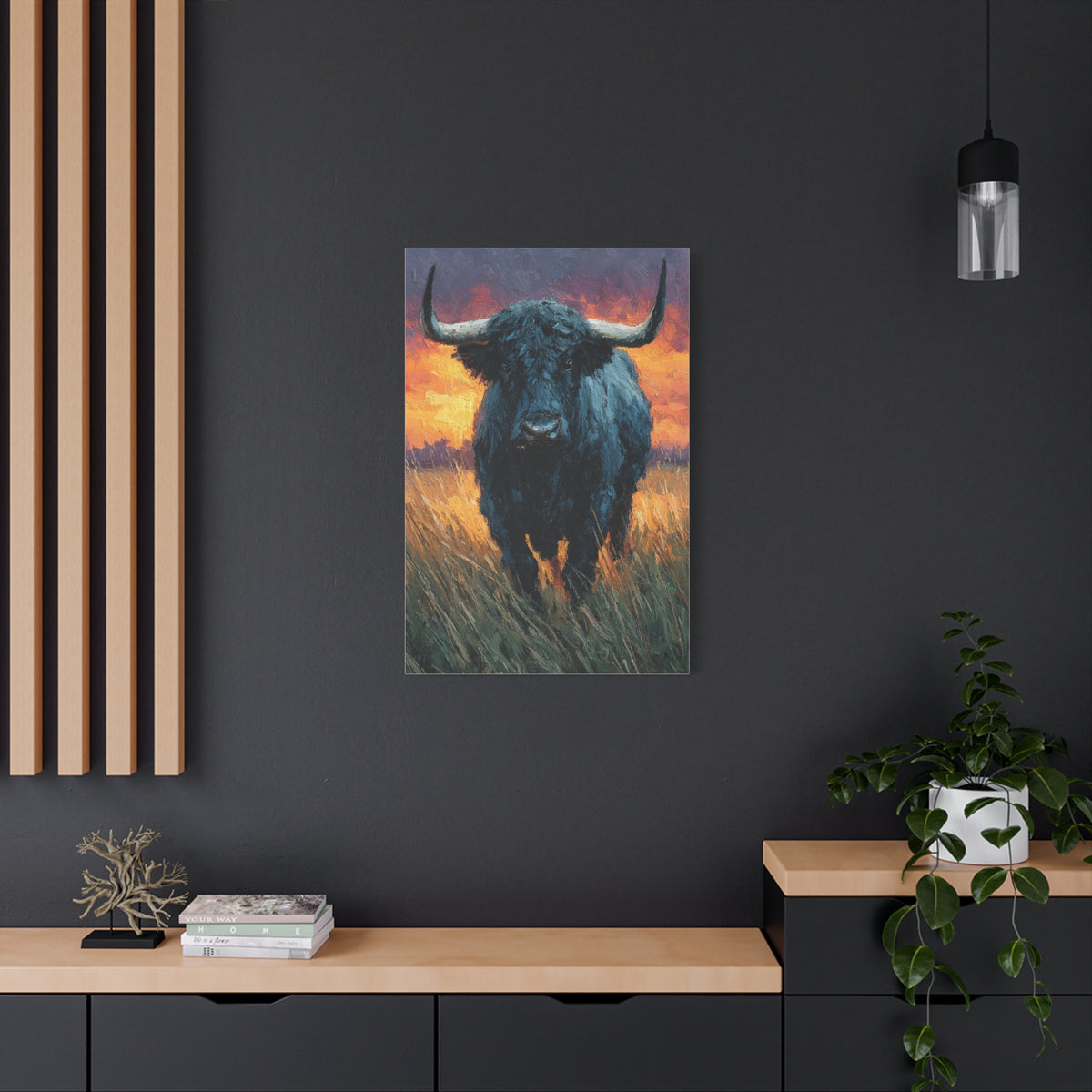 Majestic Bull at Sunset Oil Painting Wall Art & Canvas Print