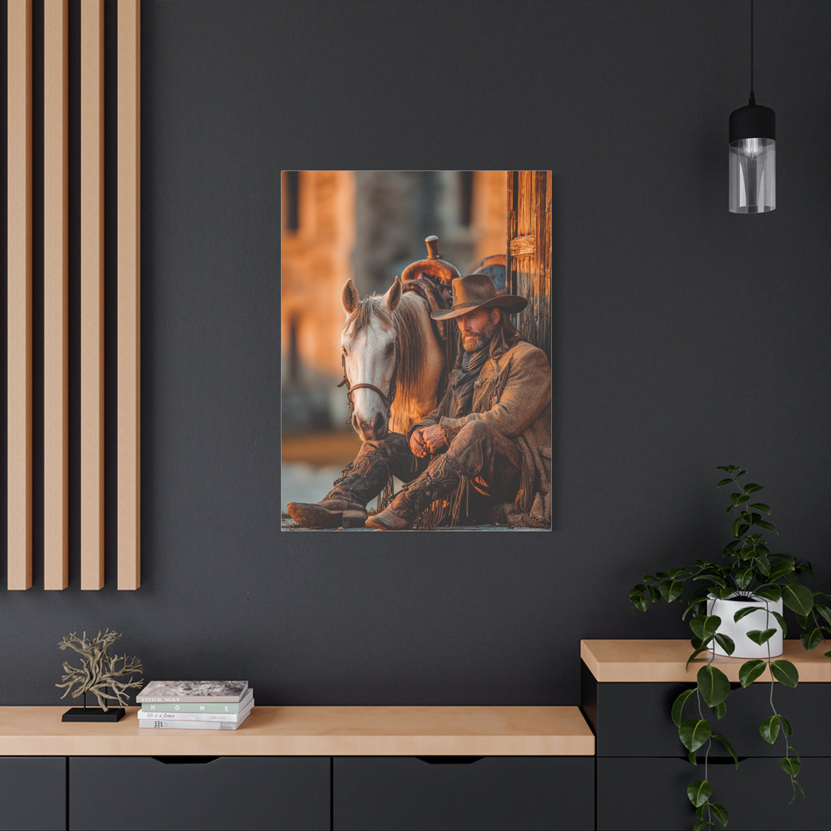 Cowboy Resting Beside His Horse Wall Art & Canvas Print