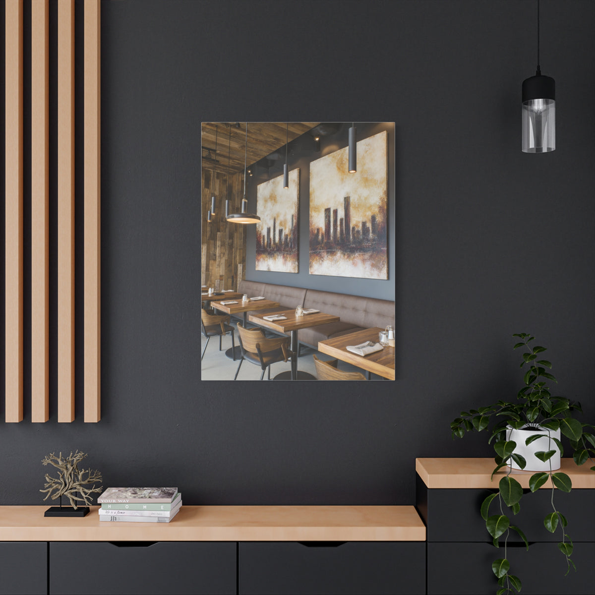Elegant City Skyline Café Interior Wall Art & Canvas Print
