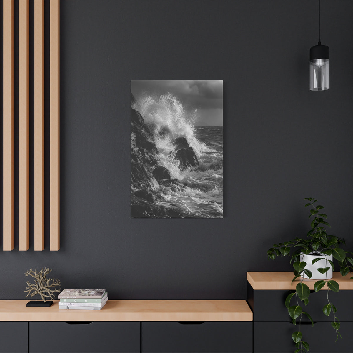 Monochrome Ocean Impact Rock Scene Wall Art & Canvas Print