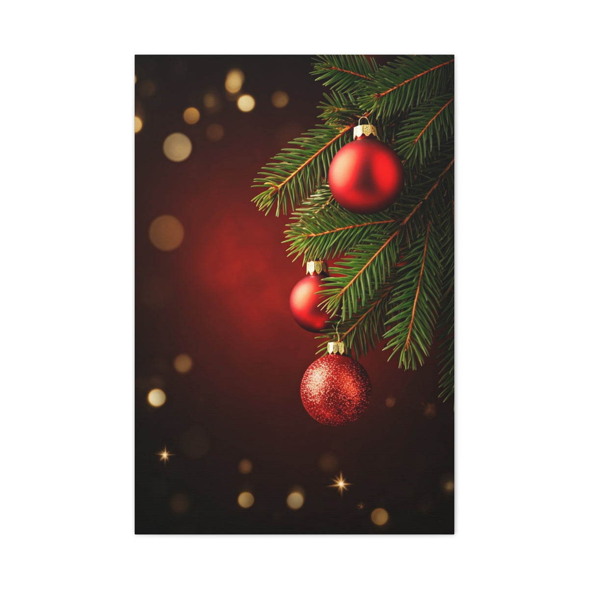Red Christmas Tree Ornaments on Pine Branch Wall Art & Canvas Print
