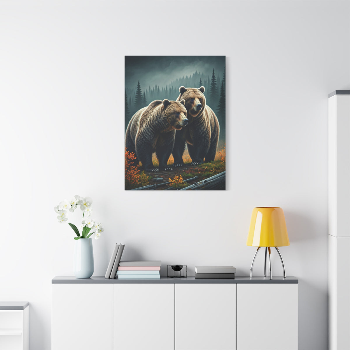 Twin Brown Bears in Misty Forest Wall Art & Canvas Prints