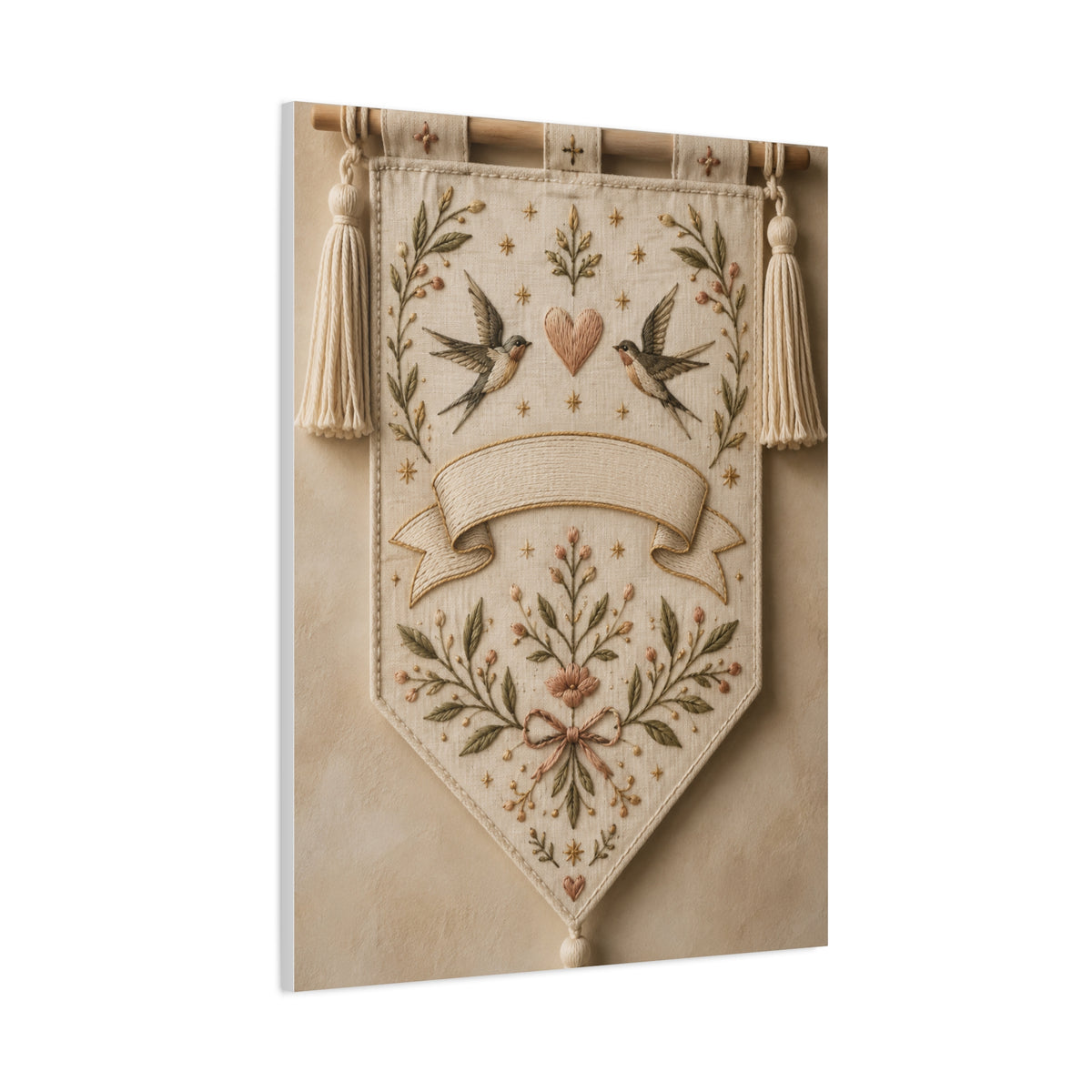 Hand-Embroidered Romantic Birds Textile Wall Art & Canvas Print