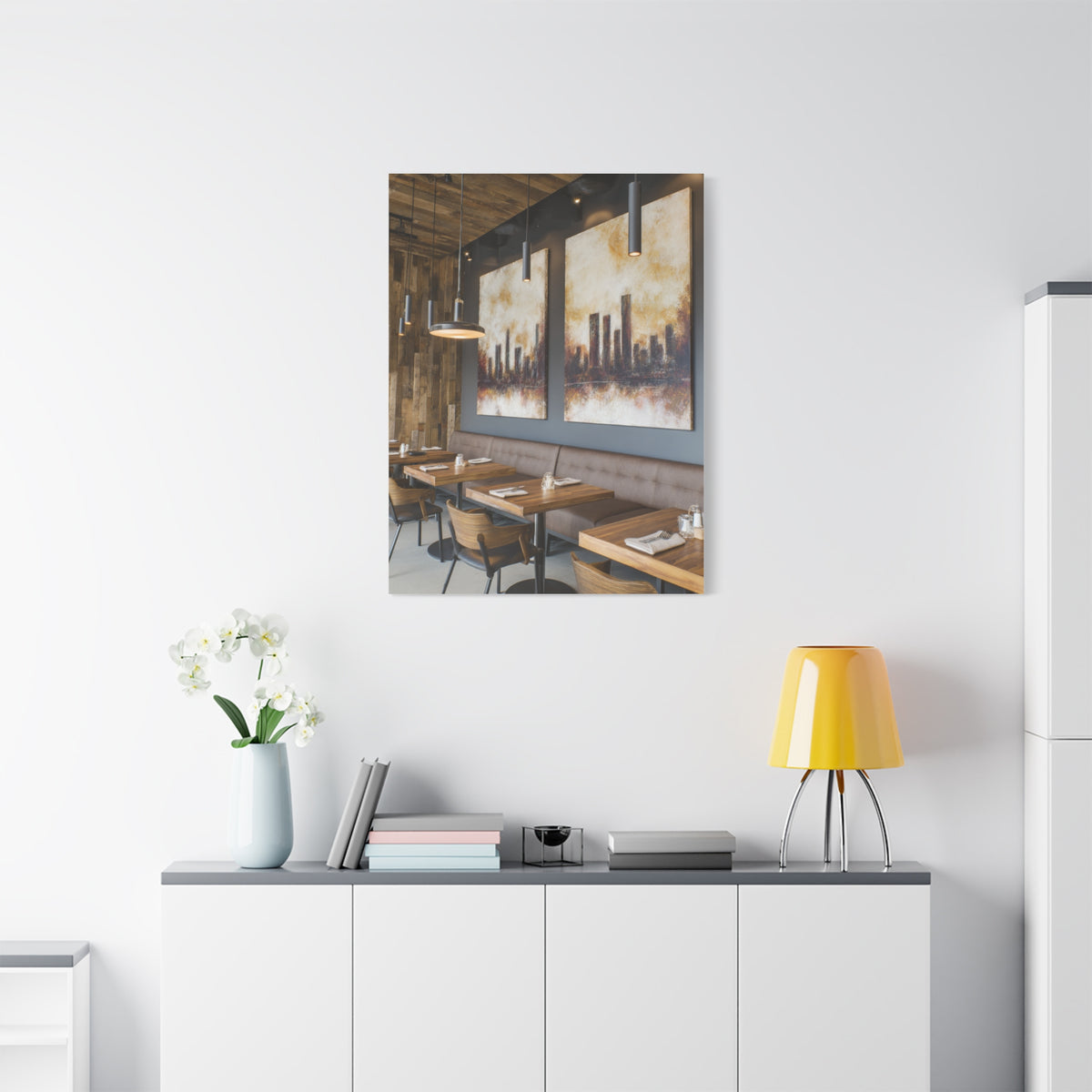 Elegant City Skyline Café Interior Wall Art & Canvas Print