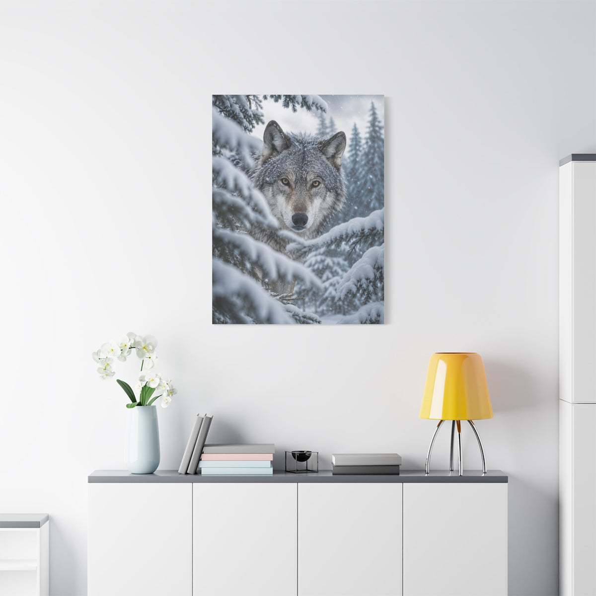 Snow-Covered Pine Wolf Close Portrait Wall Art & Canvas Print