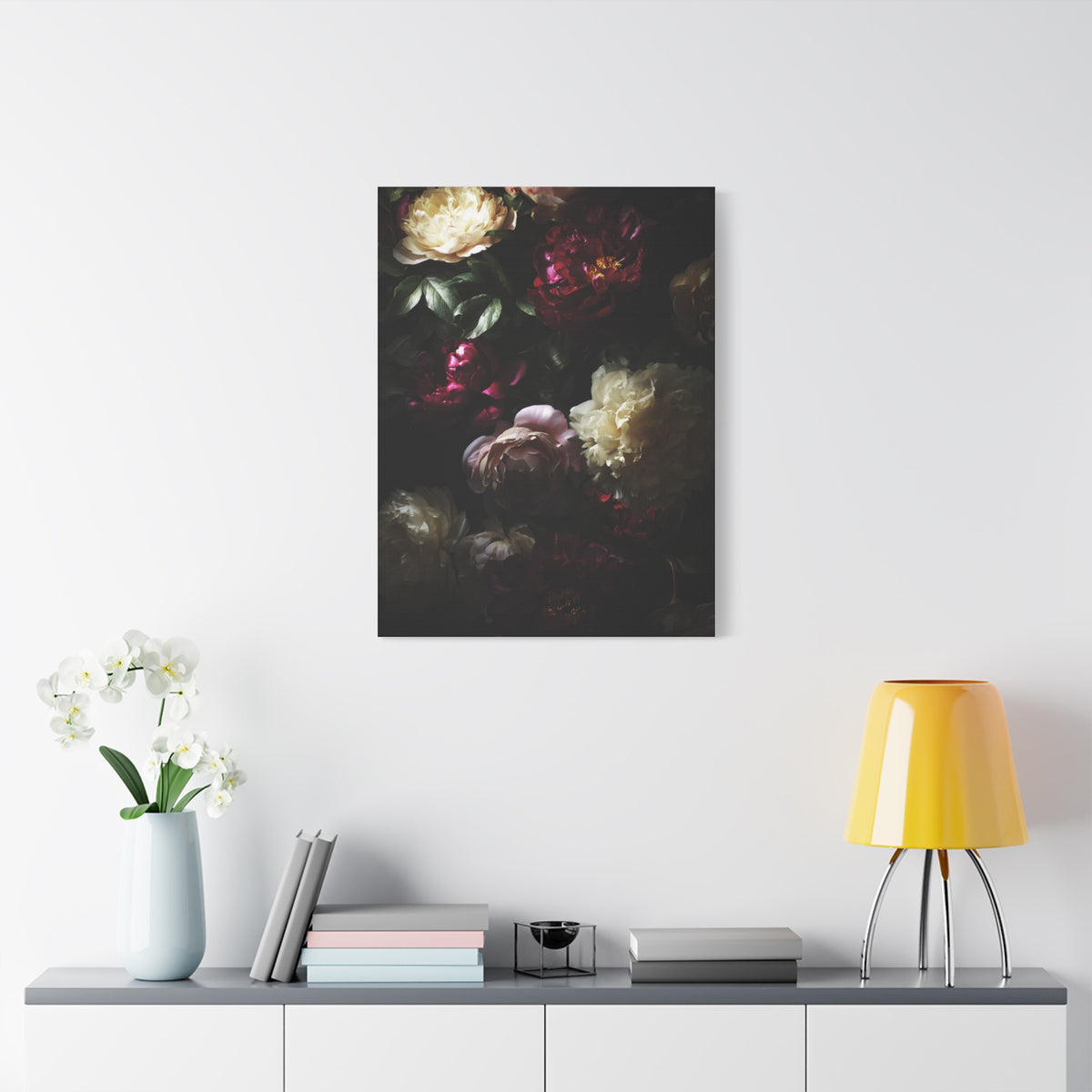 Luminous Peonies on Dark Background Wall Art & Canvas Print