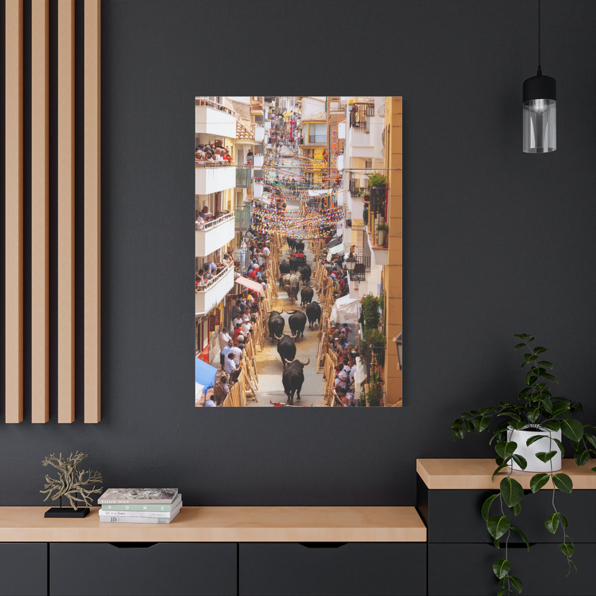 Spanish Village Bull Festival Street Scene Wall Art & Canvas Print