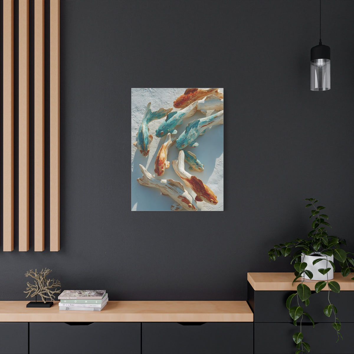 Driftwood School of Fish Coastal Sculpture Wall Art & Canvas Print