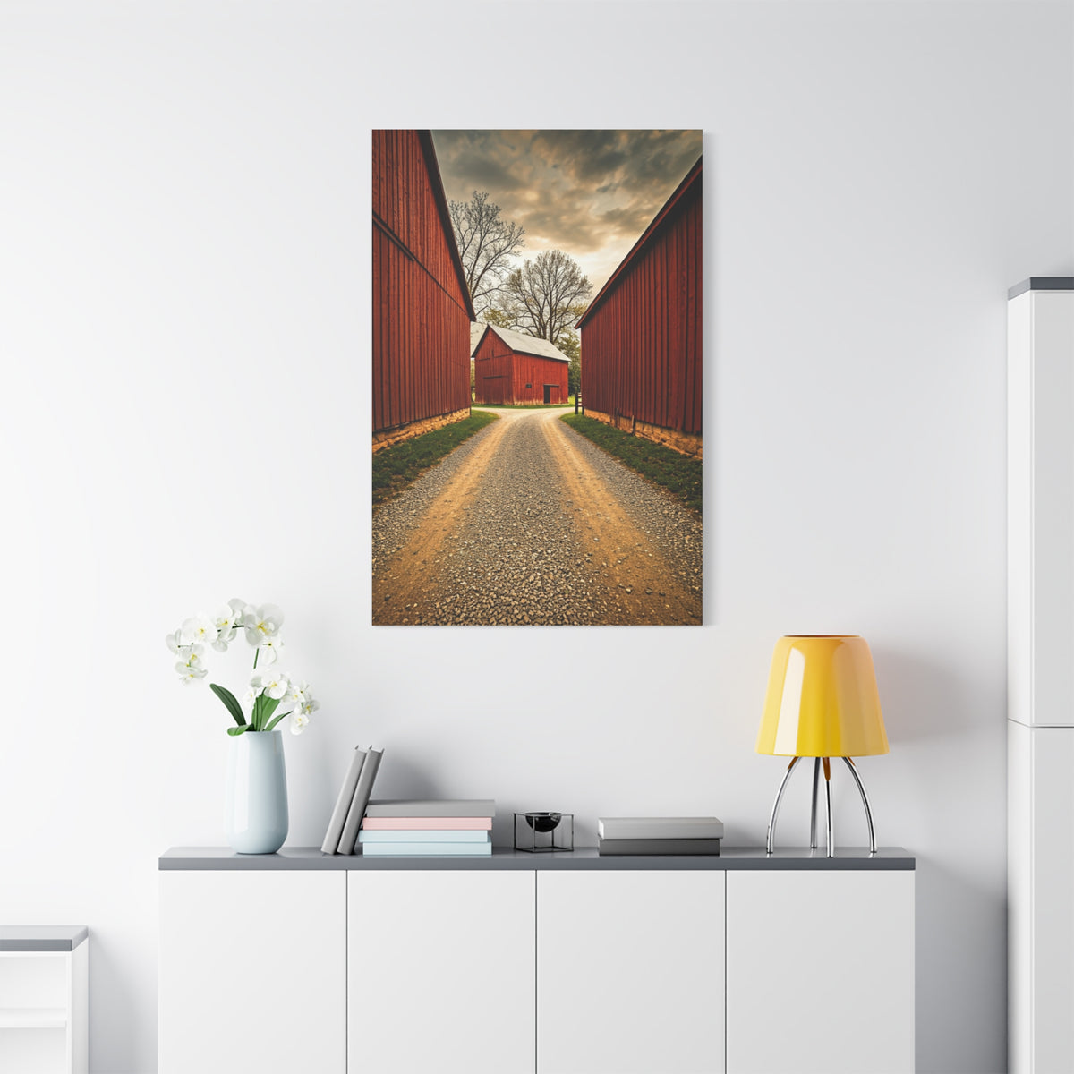 Country Lane Between Red Barns Wall Art & Canvas Prints