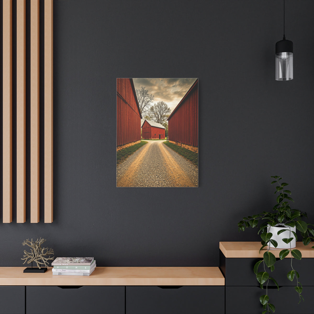 Country Lane Between Red Barns Wall Art & Canvas Prints