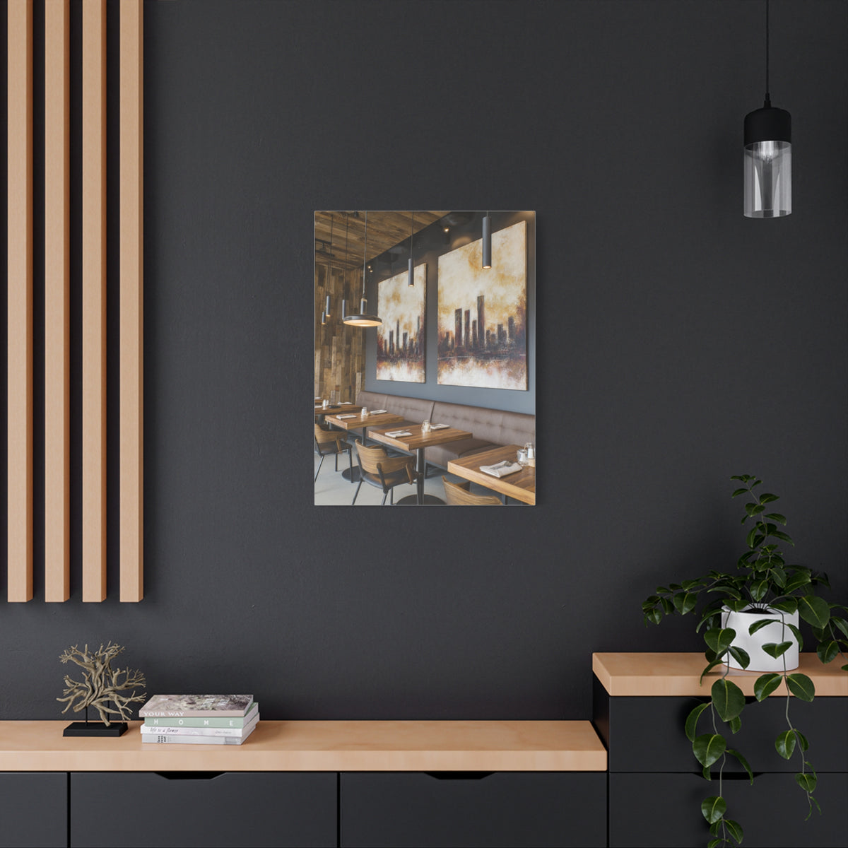 Elegant City Skyline Café Interior Wall Art & Canvas Print