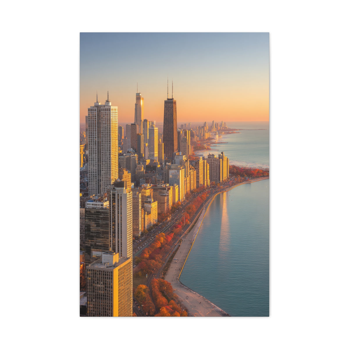 Chicago Skyline Autumn Sunset Along Lake Michigan Wall Art & Canvas Print