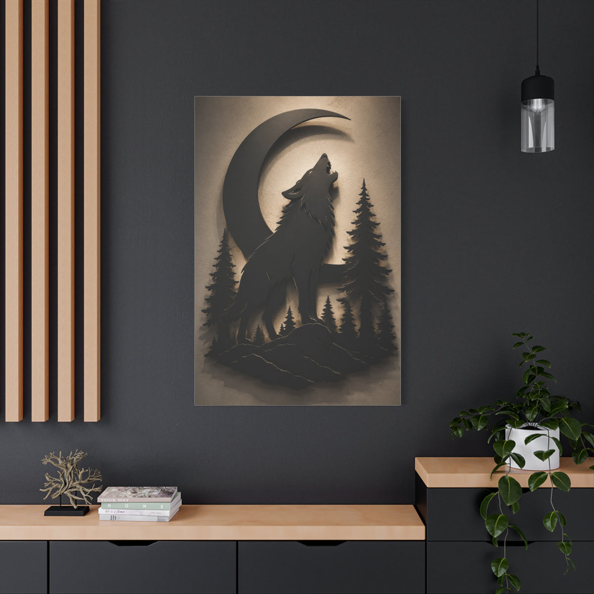 Matte Black Howling Wolf Moon Silhouette Wall Art & Canvas Print