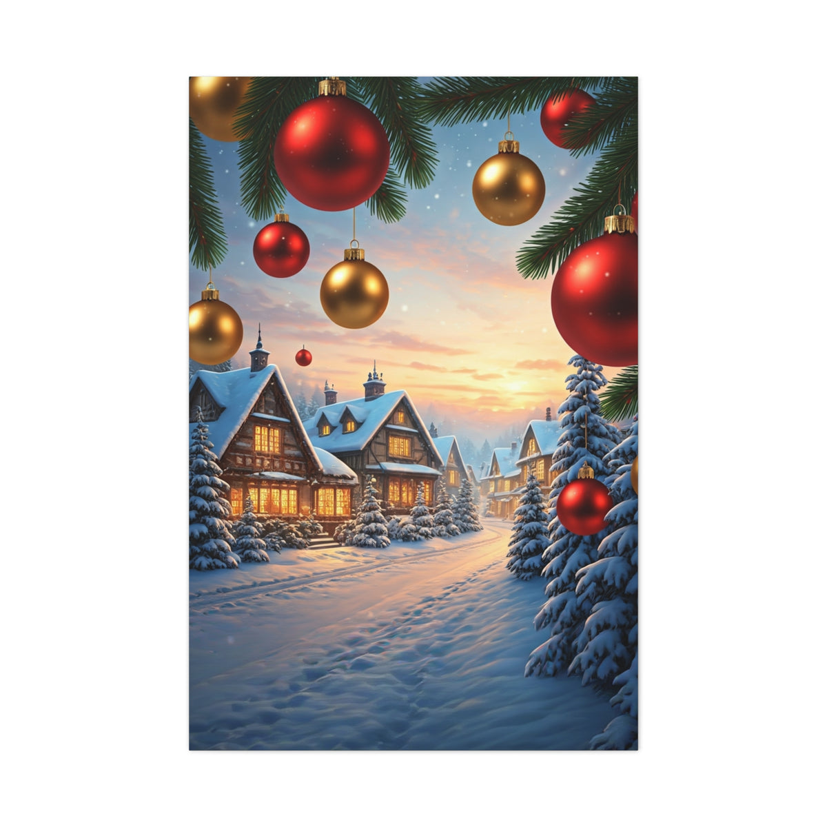 Snowy Christmas Village With Festive Ornaments Wall Art & Canvas Print