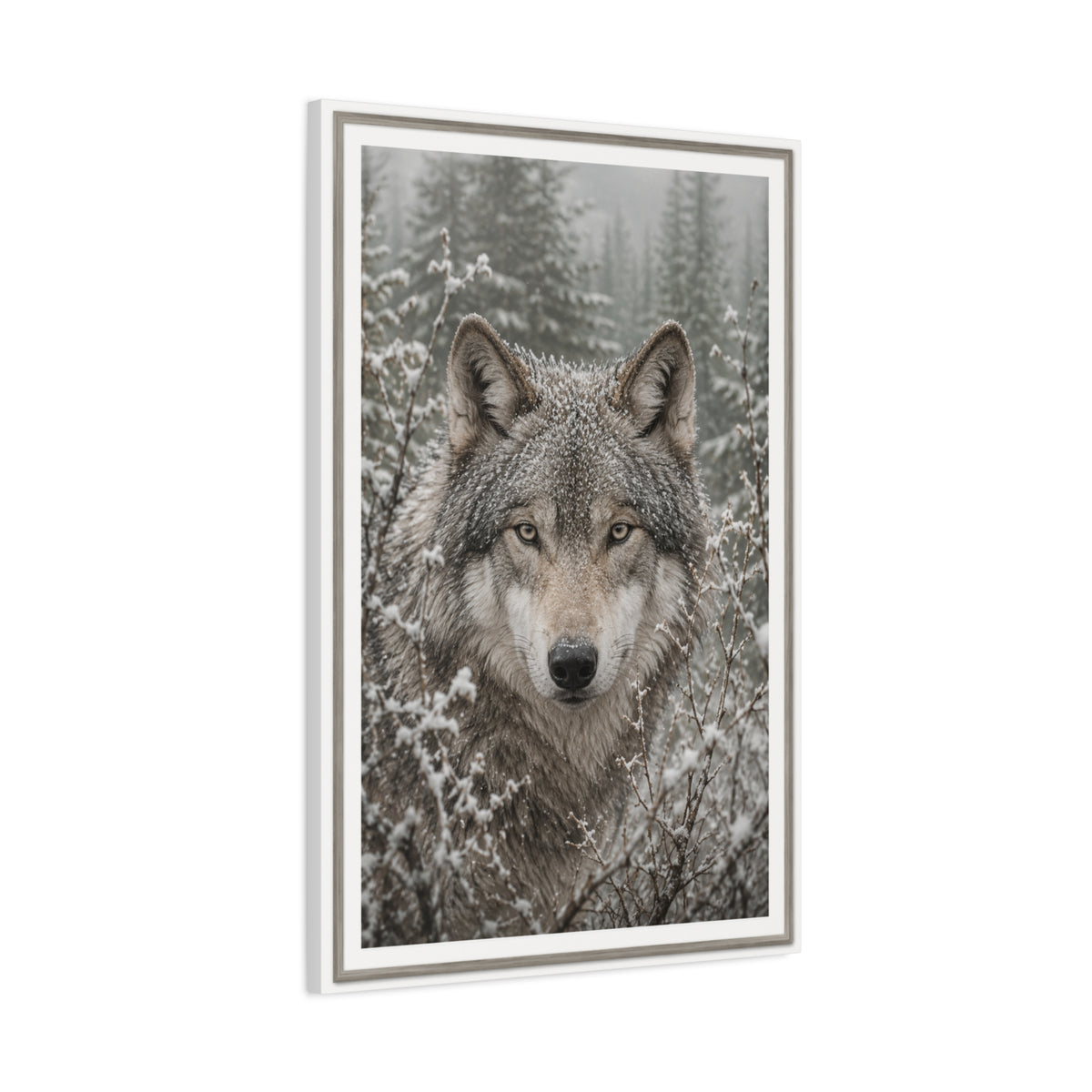 Snow Forest Gray Wolf Framed Portrait Wall Art & Canvas Print