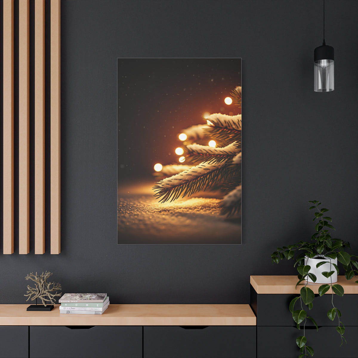 Snowy Pine Branch Fairy Lights Wall Art & Canvas Print