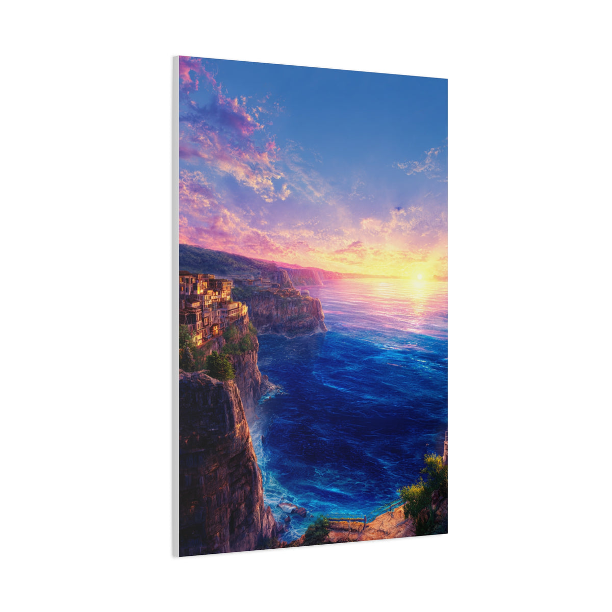 Coastal Village Cliffs at Golden Sunset Wall Art & Canvas Print