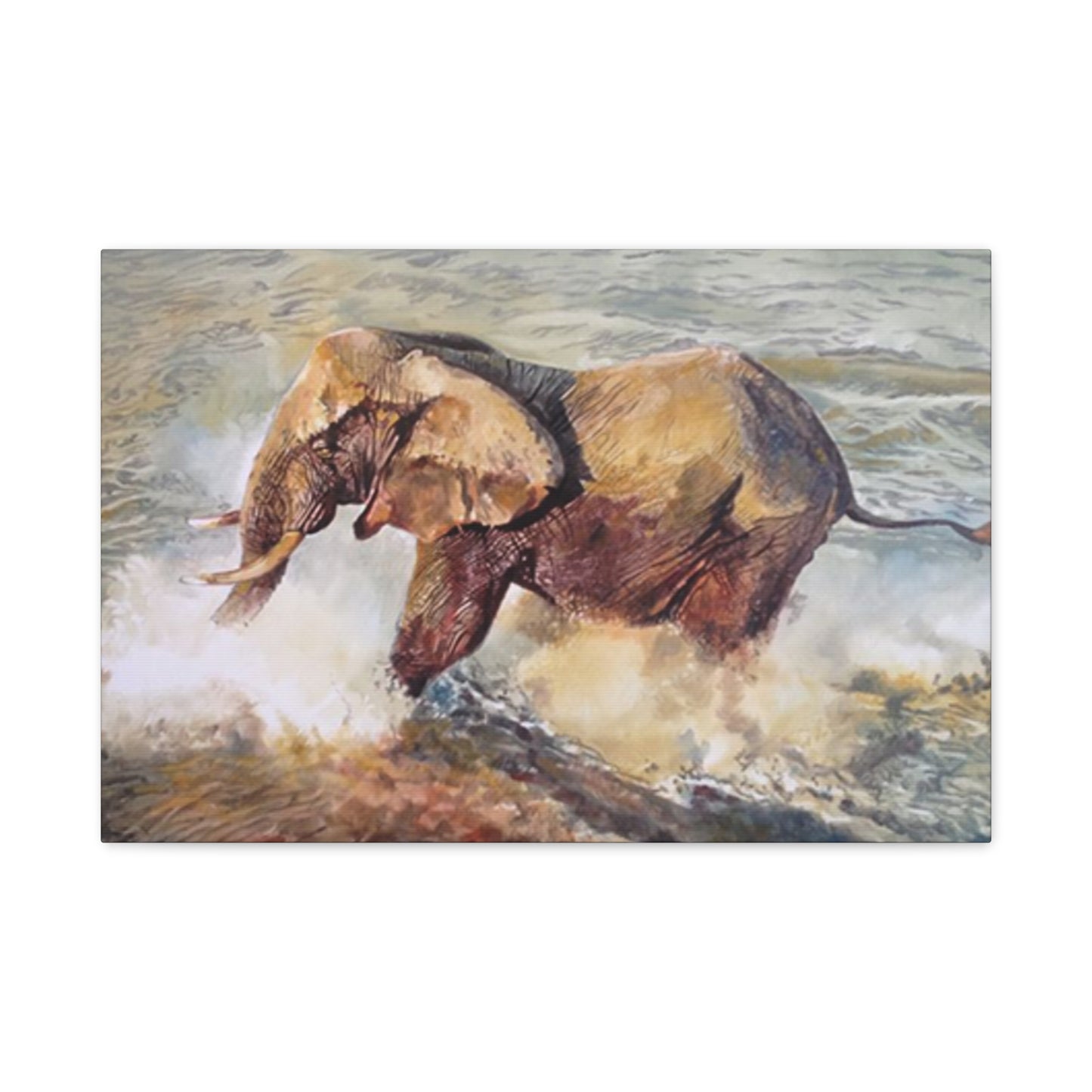 Bathing Elephant Wildlife Painting Wall Art & Canvas Prints