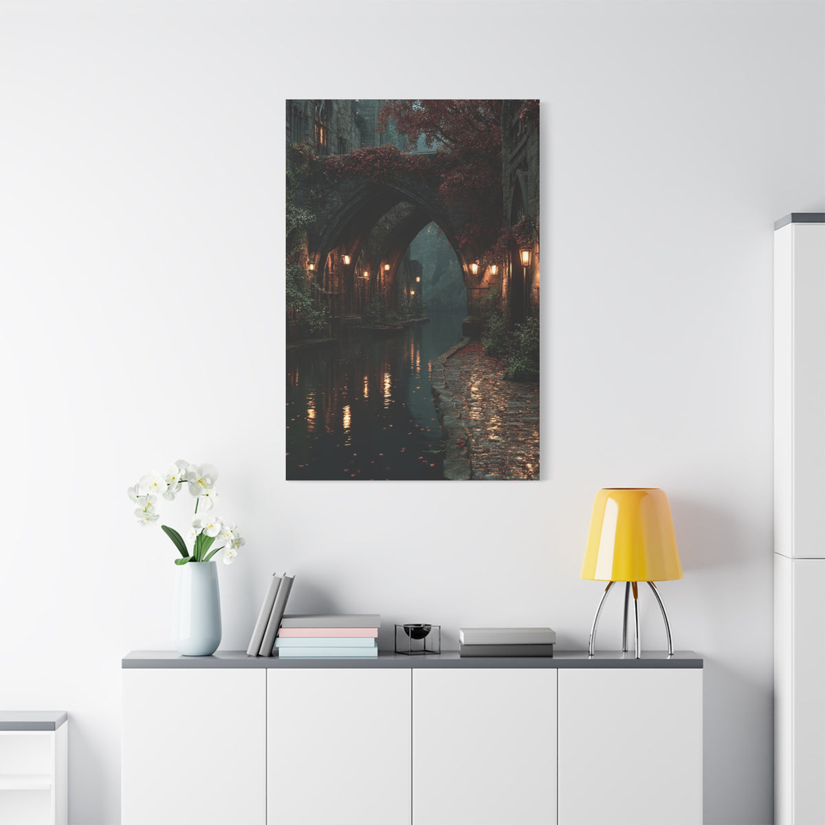 Gothic Autumn Canal Bridge Wall Art & Canvas Print
