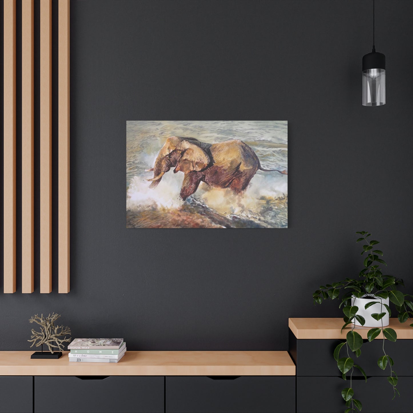 Bathing Elephant Wildlife Painting Wall Art & Canvas Prints