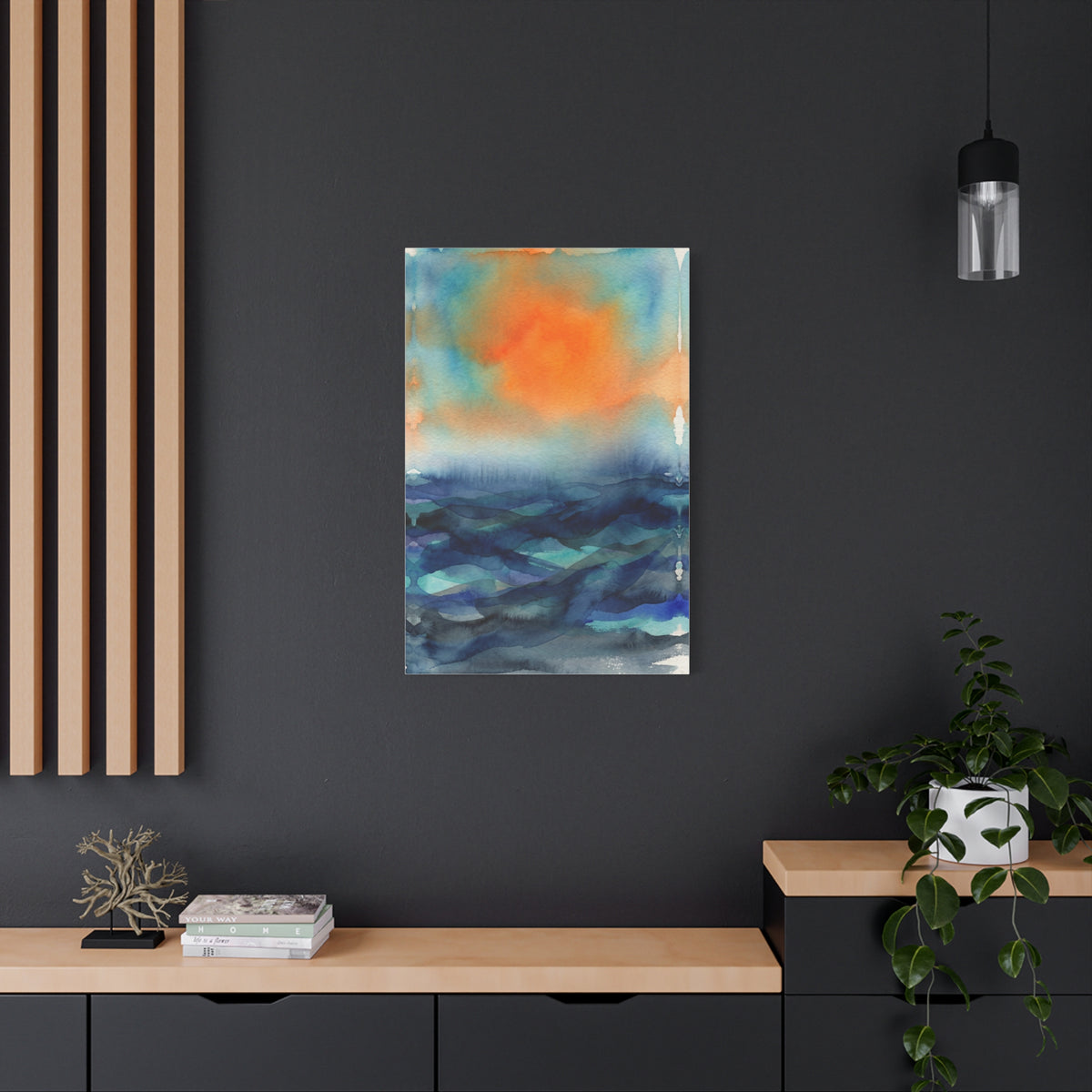Abstract Orange Sky Over Watercolor Landscape Wall Art & Canvas Print