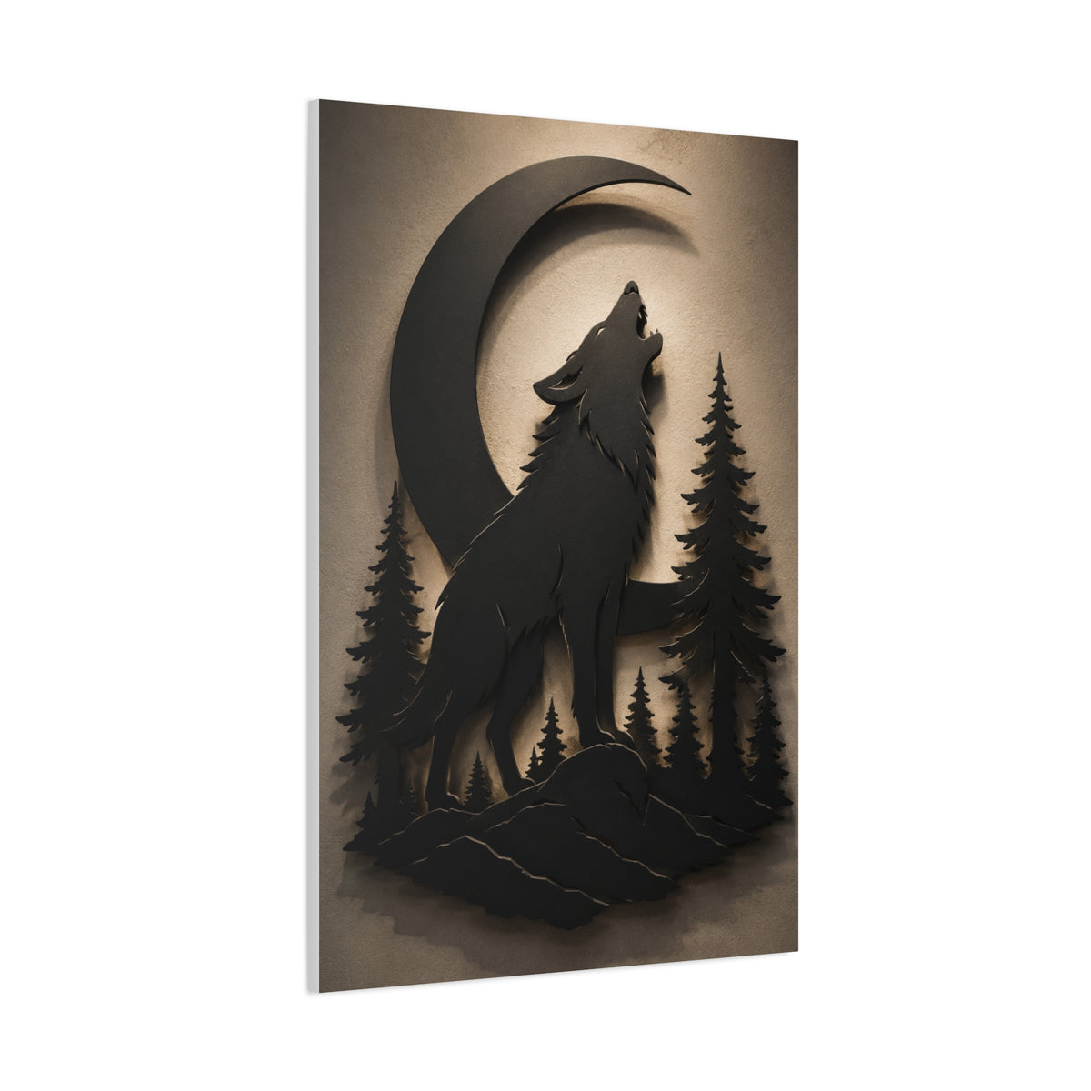 Matte Black Howling Wolf Moon Silhouette Wall Art & Canvas Print