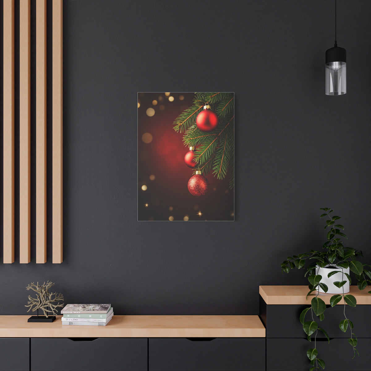 Red Christmas Tree Ornaments on Pine Branch Wall Art & Canvas Print