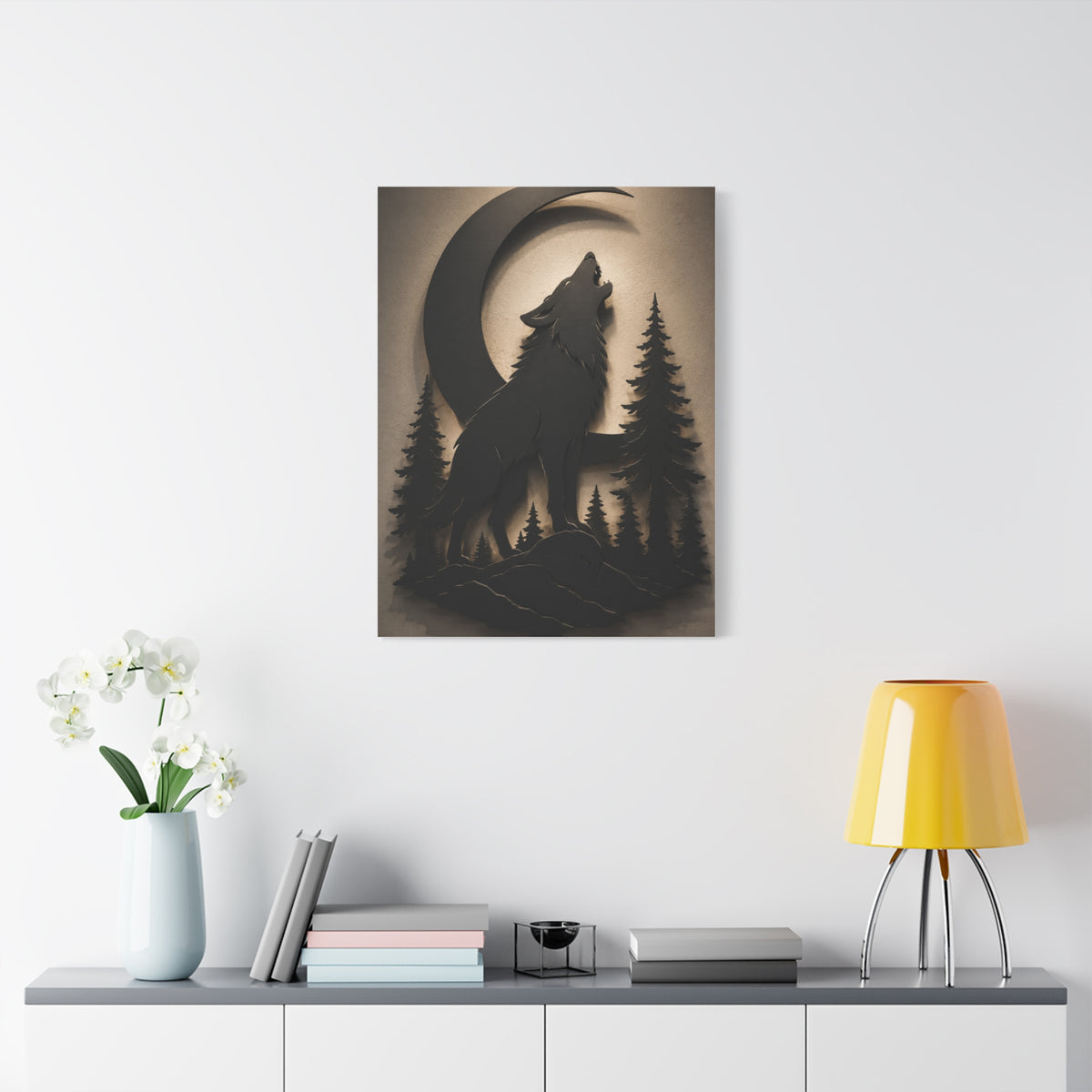 Matte Black Howling Wolf Moon Silhouette Wall Art & Canvas Print