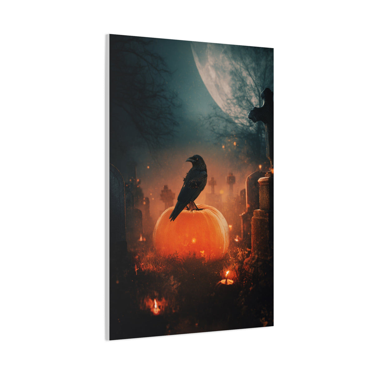 Crow on Pumpkin in Moonlit Graveyard Wall Art & Canvas Print