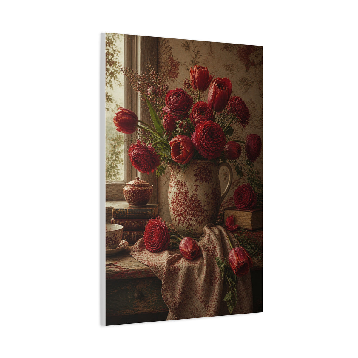 English Cottage Red Floral Still Life Wall Art & Canvas Print