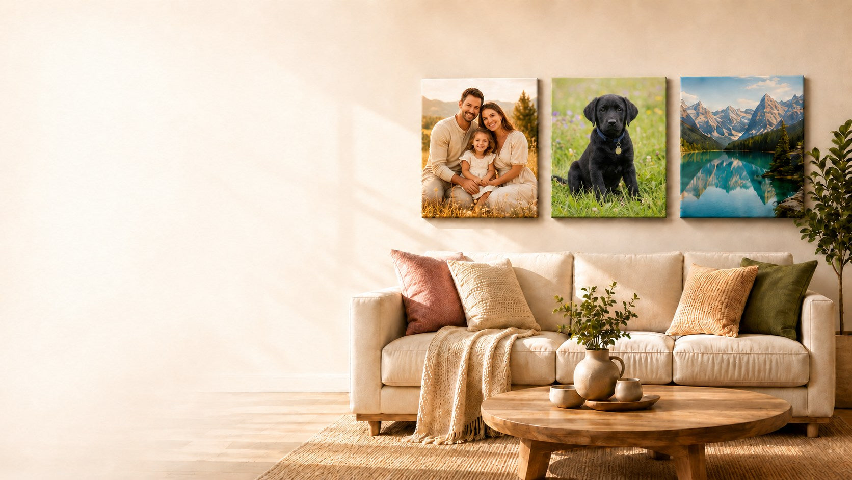 Warm living room wall with three premium canvas prints above a sofa