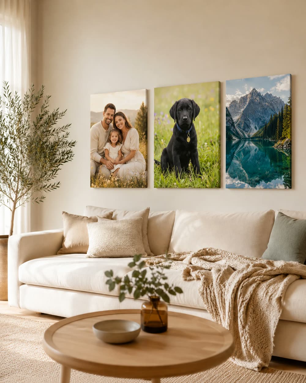 Warm living room wall with three premium canvas prints above a sofa